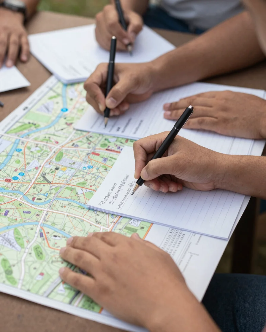 Portrait-oriented shot of hands making notes on a field map during a community meeting, soft natural daylight, grounded