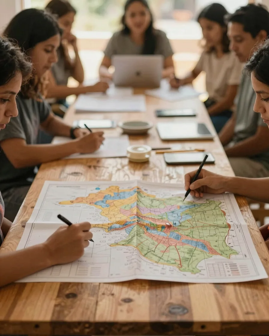 Facilitadora liderando un taller comunitario con mapa territorial desplegado en una mesa de madera, luz natural cálida,
