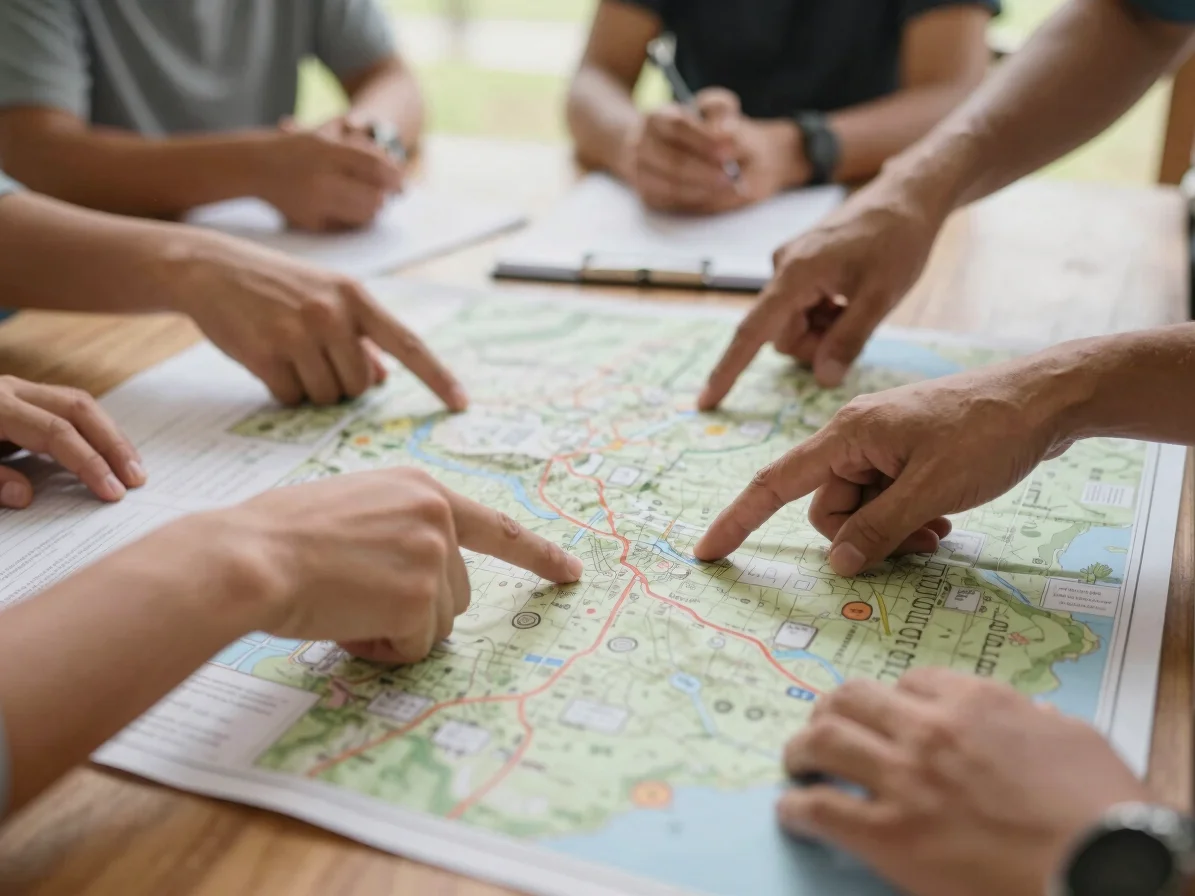 Hands pointing at a territorial work map during a community meeti
