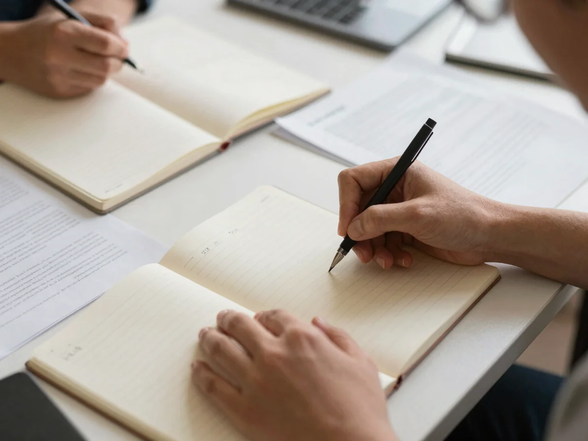Field notes and documents on a desk, with hands making annotation